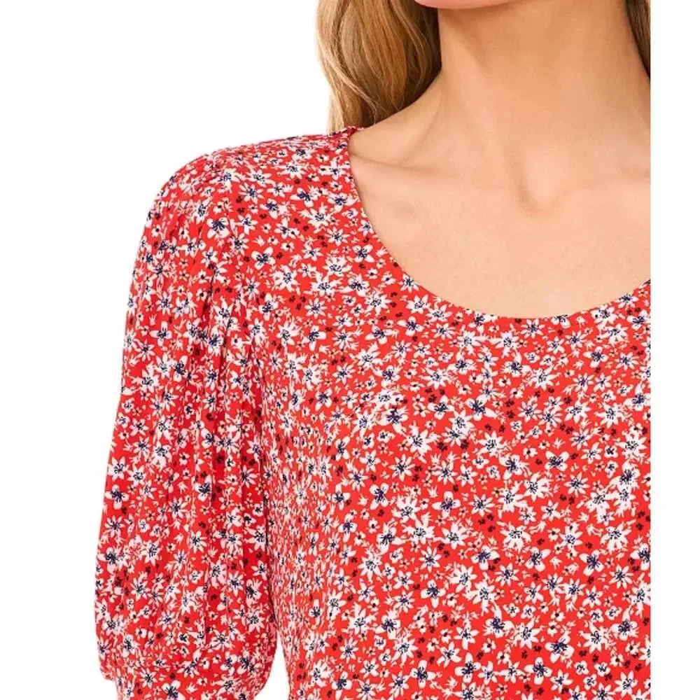 CeCe Women's Floral Blouse Size XL Scoop Neck 3/4 Sleeve Orange Knit Top NEW - Picture 2 of 10